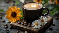 Black coffee cup with heart-shaped latte art foam, placed on rustic wooden board with scattered coffee beans, yellow sunflower and white daisies creating cozy atmosphere.