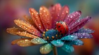 Ladybug resting on colorful daisy petals covered with morning dew drops against blurred rainbow background.