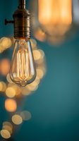 Vintage Edison bulb with warm filament glow and brass socket against blue background with bokeh lights for interior design and lighting concepts.