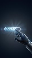 Hand holding glowing neon search bar icon with light rays on dark background. Concept for web search, online browsing, digital technology, and internet navigation interface design.