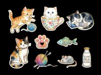 Cute watercolor cat sticker set isolated on transparent background. Includes kittens, paw, fish, yarn, mouse, and milk bottle. Great for clipart, stickers, t-shirt design, print on demand.