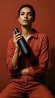 Young mixed-race woman in rust-colored outfit holding black reusable water bottle against matching background for sustainable lifestyle campaigns.