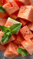 Fresh juicy watermelon cubes garnished with bright green mint leaves create refreshing summer composition, close-up view shows natural texture and seeds.