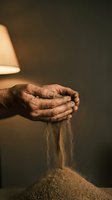 Weathered hands of elderly person letting sand or grain flow through fingers creating pile below in warm dramatic lighting for concepts of time passing.