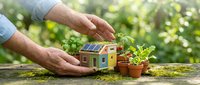 Hands protecting miniature eco house with solar panels and potted plants on wooden surface. Sustainable living and green energy concept.