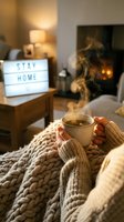 Cozy woman holding steaming hot coffee cup under chunky knit blanket by fireplace with stay home lightbox sign in warm living room.