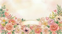 Watercolor floral border with pink and peach roses, hearts, and green foliage surrounding blank ribbon banner space for text overlay and design customization.
