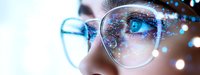 Young woman wearing modern eyeglasses with digital network connections and data visualization overlay representing future technology and augmented reality.