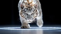 Majestic white tiger walking on illuminated surface against dark background, focused predator gaze and powerful stance creating dramatic atmosphere.