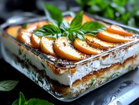 Layered dessert with caramelized apricot slices, creamy filling, and fresh mint garnish. Elegant plated sweet treat for bakery, restaurant, and culinary content.
