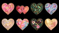 Decorative heart shapes with ornamental patterns, floral designs, and colorful embellishments isolated on transparent background. Ready for t-shirt designs, stickers, clipart, sublimation, print-on-demand products, and digital crafts.