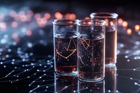 Shot glasses filled with dark liquid against blurred bokeh lights background, reflective black surface creates dramatic atmosphere for beverage photography.