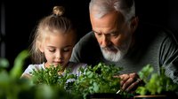 Senior Caucasian man with gray beard and young girl examining fresh herbs growing in indoor garden, sharing gardening knowledge across generations.