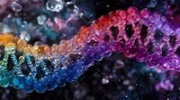 Colorful DNA molecule structure with rainbow gradient effect against dark background, showing genetic research and biotechnology advancement in science.