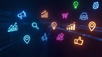 Colorful neon business icons floating on dark blue digital background with light rays. Marketing, analytics, and technology symbols for presentations.