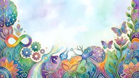 Colorful ornamental border with abstract flowers, butterflies, and decorative swirls in vibrant rainbow hues on white background, suitable for design projects and creative layouts.