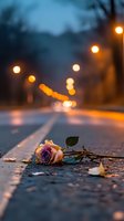 Single rose lying on empty street at dusk with glowing bokeh lights creating romantic melancholic atmosphere, road marking visible in foreground.