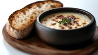 Creamy mushroom soup with herbs served in black ceramic bowl alongside toasted artisan bread on wooden serving board for cozy dining experience.