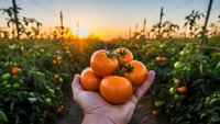Fresh ripe tomatoes in farmer hand at sunset in organic vegetable garden with golden light and green plants background for healthy food concept.