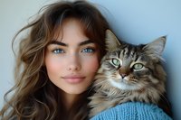 Young woman with long wavy brown hair, blue eyes, and fair complexion posing with tabby cat against blue background for pet companionship and lifestyle content.