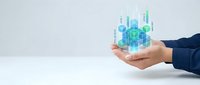 Businessman hand presenting holographic digital cubes with data analytics and business intelligence concepts for modern technology solutions.