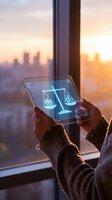 Woman holding transparent tablet with glowing justice scales balancing people and technology icons, city skyline at sunset in background.