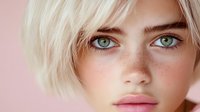 Young woman with platinum blonde bob haircut, bright green eyes and natural freckles on soft pink background, beauty portrait with flawless skin and pink lips.