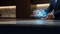 Professional businessman in suit presenting holographic gear mechanisms with glowing blue light effects in modern office environment for technology concepts.