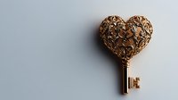 Vintage ornate golden key with heart-shaped bow featuring intricate filigree pattern cast in warm light against neutral gray background, romantic symbol of love.