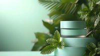 Mint green cosmetic jars with fresh mint leaves on blurred background. Natural organic skincare concept for beauty and wellness products.