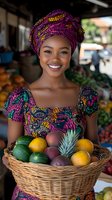 Young woman in colorful African print dress and matching headwrap smiles while holding wicker basket filled with fresh tropical fruits at local market stall.