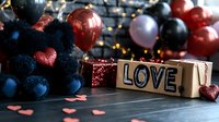 Romantic composition with wooden LOVE letters, red and blue balloons, heart decorations and glowing lights on dark wooden background. Perfect for Valentine's Day.