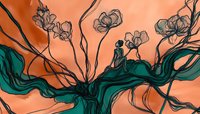 Silhouette of woman sitting on flowing teal branch with abstract floral elements against orange sky, artistic fantasy illustration for wall decor and book covers.