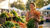 Happy middle-aged Caucasian woman holding fresh carrots at farmers market with organic vegetables display during golden hour sunset lighting.