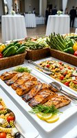 Elegant catering buffet with grilled salmon, pasta salad and fresh vegetables at upscale wedding reception or corporate event with guests mingling in background.