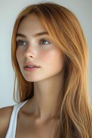 Young Caucasian woman with long blonde hair and freckles looking at camera with natural makeup and soft lighting for beauty and skincare concepts.