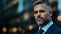 Confident mature businessman with gray hair and beard wearing navy suit against blurred urban background with bokeh lights in evening atmosphere.