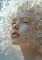 Young woman with delicate dandelion seeds creating ethereal crown effect around face, soft dreamy lighting enhances natural beauty and peaceful expression.