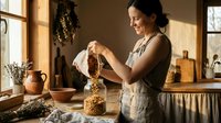 Woman pouring dried grains into glass jar in rustic kitchen with natural light, sustainable food storage and home organization concept.