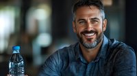 Mature businessman with gray beard wearing blue denim shirt smiling confidently during break with water bottle in modern office environment. Natural lighting creates professional atmosphere.