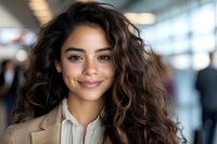 Young mixed race businesswoman with long wavy brown hair and natural makeup smiling confidently in modern office environment, wearing beige blazer and white blouse.