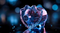 Shattered glass heart with glowing blue bokeh lights and scattered fragments creating dramatic mood and emotional atmosphere. Concept of broken love and heartbreak.