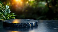 Black marble product display podium with golden sunlight and green leaves in dark background, luxury minimal showcase for cosmetic or jewelry presentation.