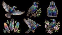 Iridescent starling bird clipart set with feathers and floral branches, isolated on transparent background. Ready for stickers, t-shirt design, and print on demand.