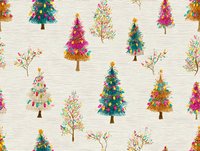 Colorful festive Christmas trees pattern with vibrant decorations on textured beige background, perfect for holiday season designs.