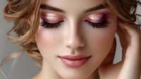 Close up portrait of young woman with professional pink eyeshadow makeup, long eyelashes, and glossy lips against neutral background. Beauty and cosmetics concept.