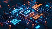 SEO search engine optimization concept with glowing digital circuit board technology background for web marketing and online business strategies.