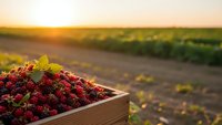 Fresh strawberries in wooden crate at sunset on farm field. Organic berry harvest agriculture concept for healthy eating and local produce marketing.