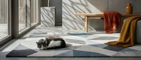 Cat sleeping on geometric patterned rug in sunlit modern living room with wooden furniture and cozy textiles for home decor and interior design concepts.