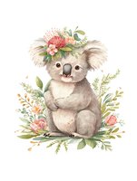 Adorable koala bear with native Australian floral crown and botanical decorations in soft watercolor style on white background, suitable for nursery art.